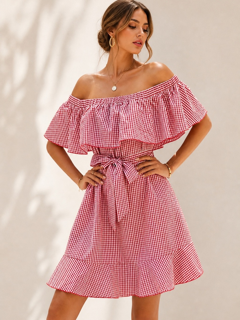 SHEIN Red Gingham One-Shoulder Ruffle Dress - Picture 3 of 5